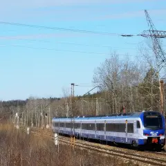 Pociąg ED160 PKP Intercity mija linię energetyczną i las.