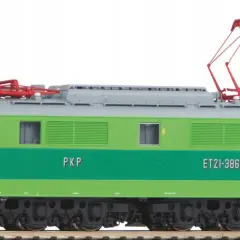 Zielona lokomotywa ET21-386 PKP z czerwonym pantografem, gotowa do podróży po torach.
