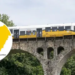 Pociąg Kolei Dolnośląskich na kamiennym wiadukcie. Mapa pokazuje trasy, gdzie pociągiem z Wrocławia dojedziesz do Lichkova, Trutnova czy Liberca.