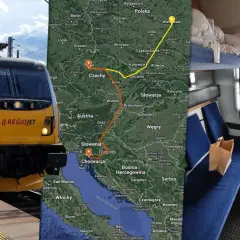Pociąg RegioJet z Polski do Chorwacji. Mapa pokazuje trasę przez Czechy, Austrię i Słowenię.