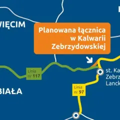 Mapa pokazuje planowaną łącznicę w Kalwarii Zebrzydowskiej, łączącą linie kolejowe z Oświęcimia, Bielska-Białej, Krakowa i Skawiny.