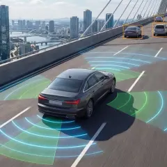 Autonomiczny samochód na moście, otoczony przez wizualizacje radarów kolejowych, wykrywa inne pojazdy.