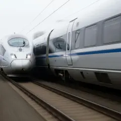 Dwa szybkie pociągi pędzą po torach, jeden obok drugiego. Wyobraź sobie podróż z Lublina do Białej Podlaskiej w mgnieniu oka.