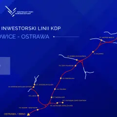 Mapa inwestorskiej linii KDP łączącej Katowice z Ostrawą, z zaznaczonymi istniejącymi i nowymi stacjami.