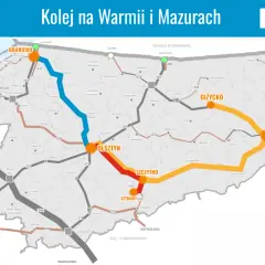 Mapa kolejowa Warmii i Mazur z zaznaczonymi trasami między Braniewem a Olsztynem, Giżyckiem i Ełkiem.