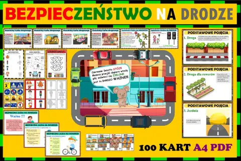 Ilustracja edukacyjna o bezpieczeństwie na drodze, z elementami do nauki o ruchu drogowym, sygnalizacji świetlnej i zasadach jazdy. Pokazuje drogę przebiegu pojazdów i pieszych.