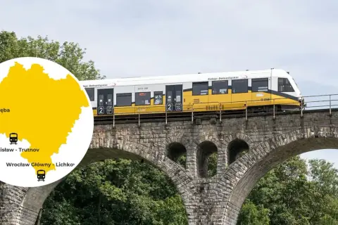 Pociąg Kolei Dolnośląskich na kamiennym wiadukcie. Mapa pokazuje trasy, gdzie pociągiem z Wrocławia dojedziesz do Lichkova, Trutnova czy Liberca.