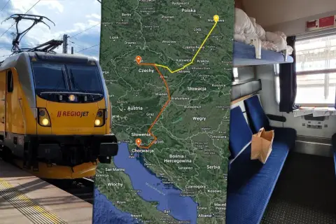 Pociąg RegioJet z Polski do Chorwacji. Mapa pokazuje trasę przez Czechy, Austrię i Słowenię.