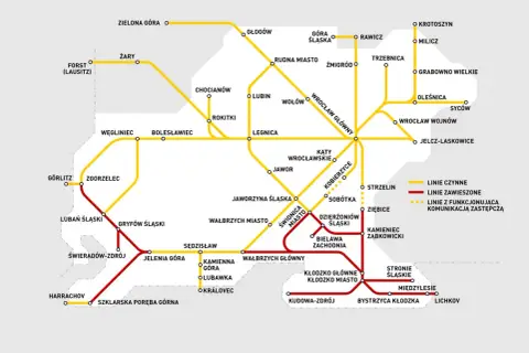 Mapa kolejowa Dolnego Śląska, z zaznaczonymi liniami czynnymi (żółte), zawieszonymi (czerwone) i zastępczymi (przerywane). Widać m.in. Wrocław, Legnicę, Jelenia Górę i Kłodzko.