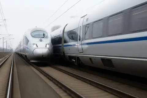 Dwa szybkie pociągi pędzą po torach, jeden obok drugiego. Wyobraź sobie podróż z Lublina do Białej Podlaskiej w mgnieniu oka.