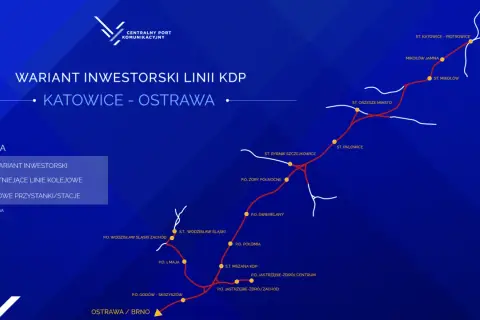 Mapa inwestorskiej linii KDP łączącej Katowice z Ostrawą, z zaznaczonymi istniejącymi i nowymi stacjami.
