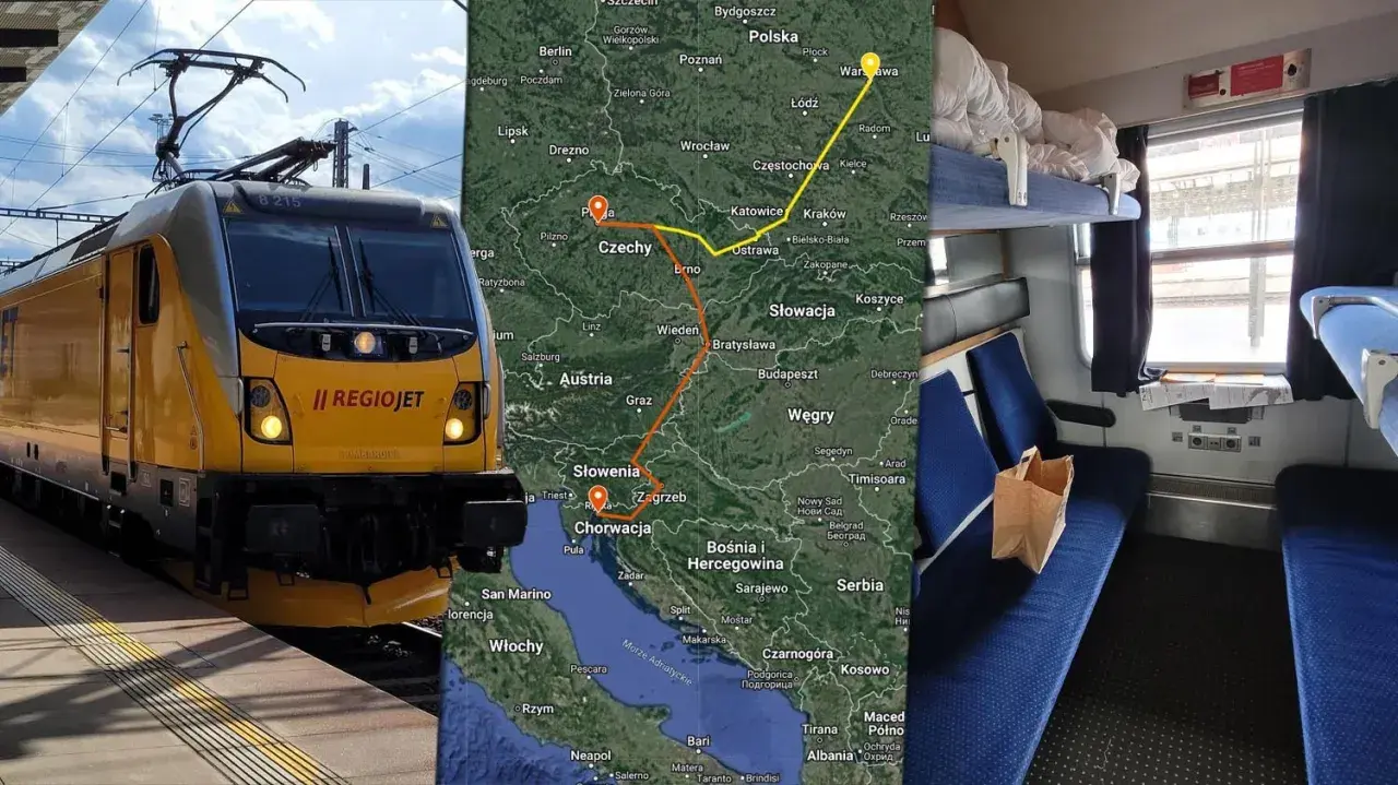 Pociąg RegioJet z Polski do Chorwacji. Mapa pokazuje trasę przez Czechy, Austrię i Słowenię.