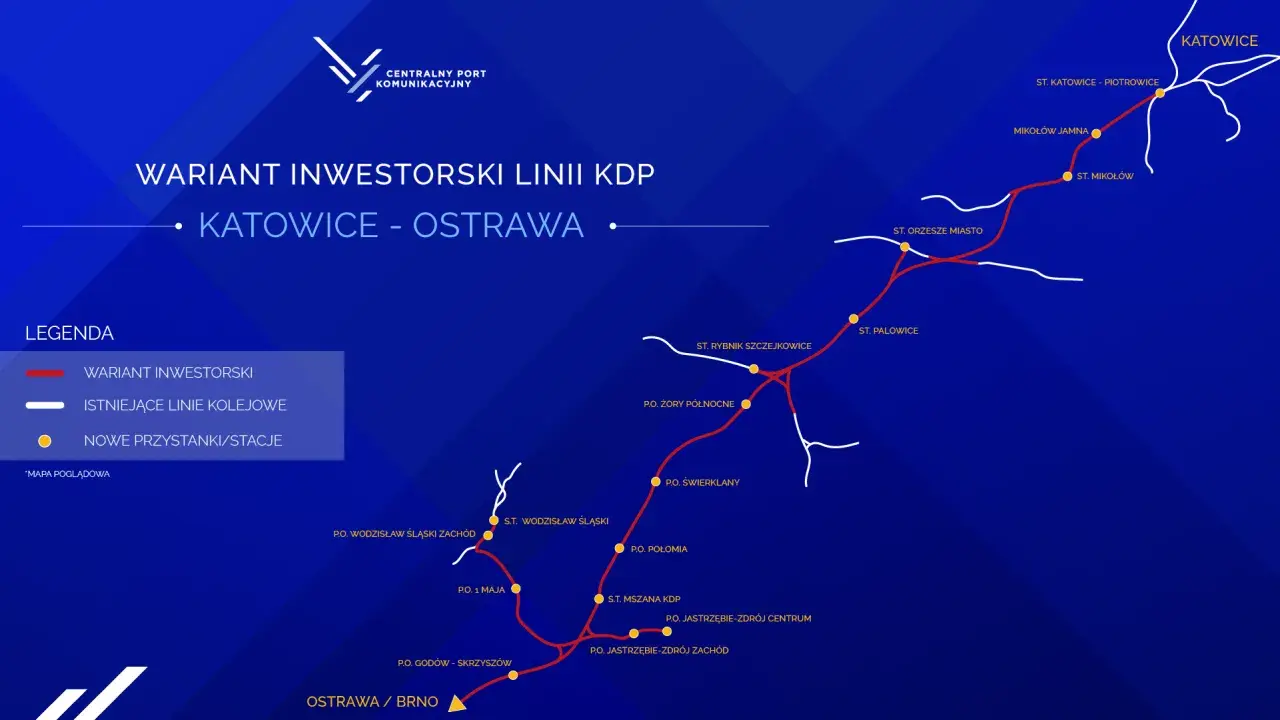 Mapa inwestorskiej linii KDP łączącej Katowice z Ostrawą, z zaznaczonymi istniejącymi i nowymi stacjami.