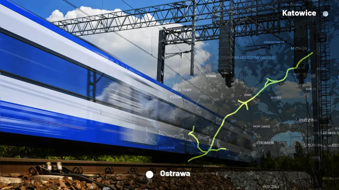 Pędzący pociąg na tle mapy z zaznaczoną trasą między Katowicami a Ostrawą.
