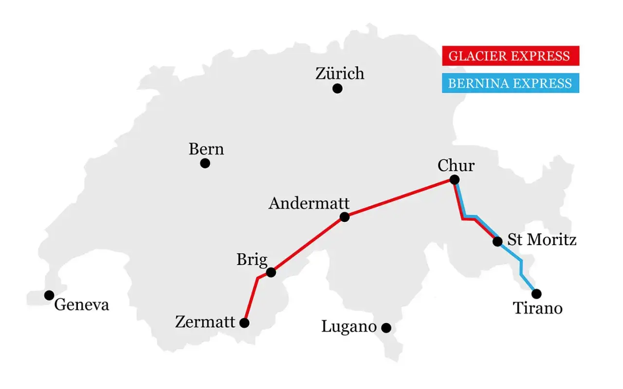 Mapa Szwajcarii z zaznaczonymi trasami pociągów. Czerwona linia to Glacier Express, a niebieska to Bernina Express.
