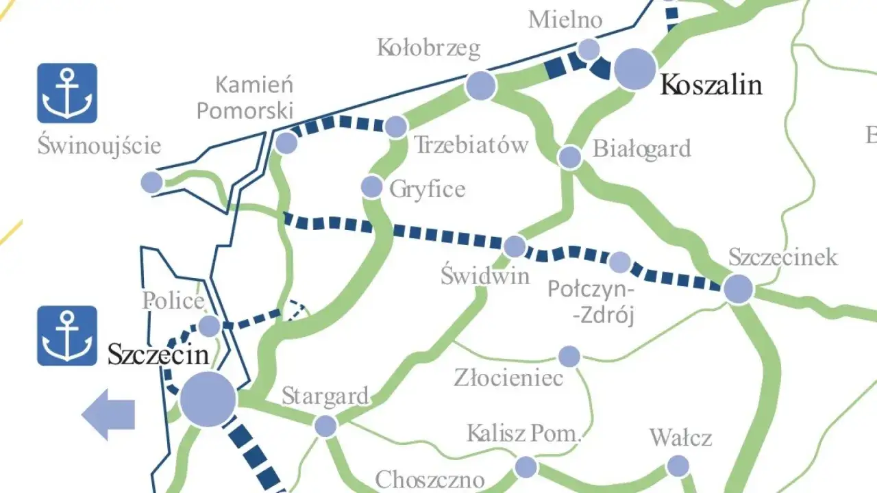 Mapa drogowa Pomorza Zachodniego z zaznaczonymi miastami, w tym Koszalin i Czaplinek.