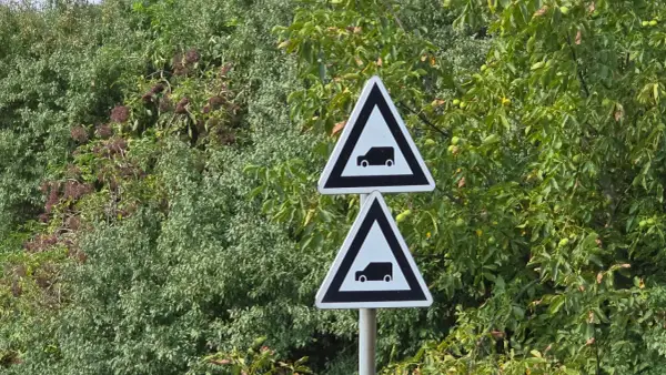 Dwa trójkątne znaki drogowe z symbolem samochodu, wskaźnik w6b, na tle zielonych drzew.